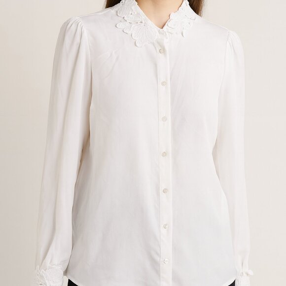 Chelsea & Violet White Blouse w/Scalloped Embroidered Collar & Cuffs Size XS EUC - Picture 1 of 8